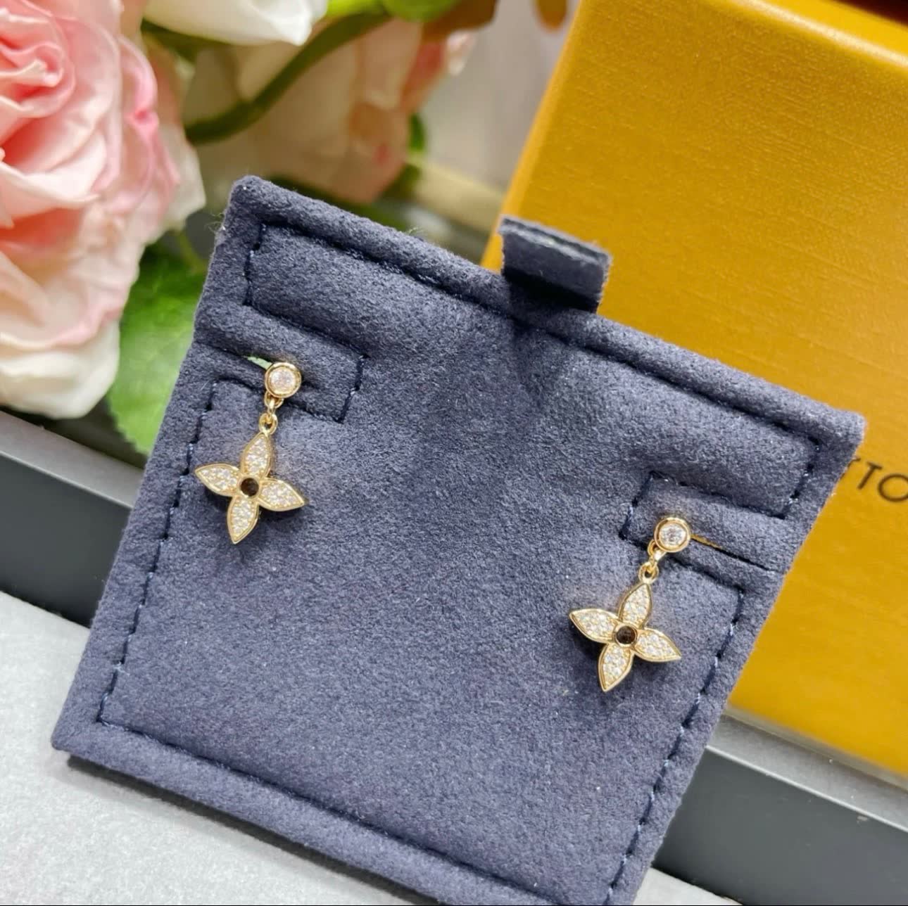 Louis Vuitton Rose Gold Crystal Cross Drop Earrings